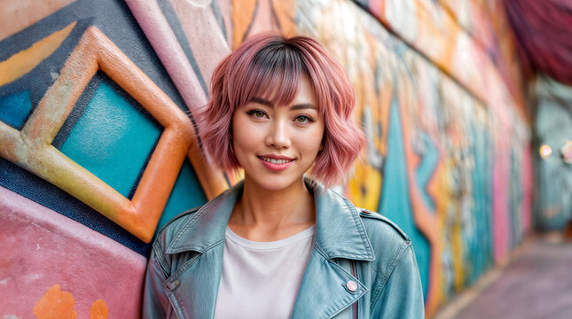 路上で笑顔のアジアの女性