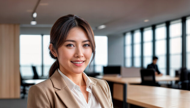 現代のオフィスでスーツを着た笑顔の実業家。