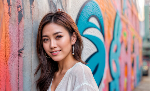 路上で笑顔のアジアの女性