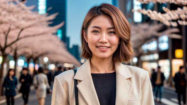 路上に立っている短い茶色の髪の笑顔の若い日本人女性