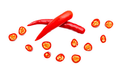 Top view set of red chili pepper or cayenne pepper with slices or pieces isolated with clipping...