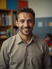 Obraz premium Portrait of attractive caucasian young teacher man on kindergarten preschool classroom school daycare center background smiling from Generative AI