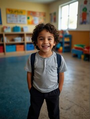 Portrait of hispanic child kid boy student playing on kindergarten preschool classroom school daycare center background smiling from Generative AI