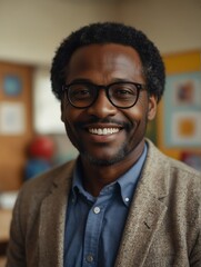 Portrait of middle aged black african teacher man on kindergarten preschool classroom school daycare center background smiling from Generative AI - obrazy, fototapety, plakaty