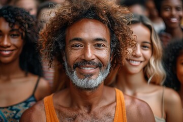 Happy male figure shining among a crowd of different cultures - obrazy, fototapety, plakaty