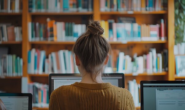 female student prepares for UX design exams, studying web design in library, captured in over-the-shoulder shot