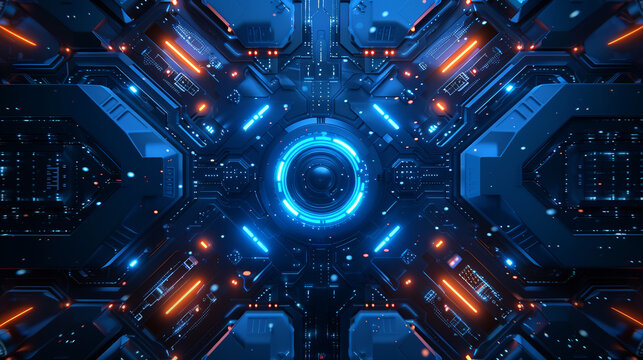 Futuristic sifi technology with abstract deep blue neon background