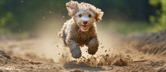 A small Water dog breed with a fawncolored coat is happily running through the muddy field, its...