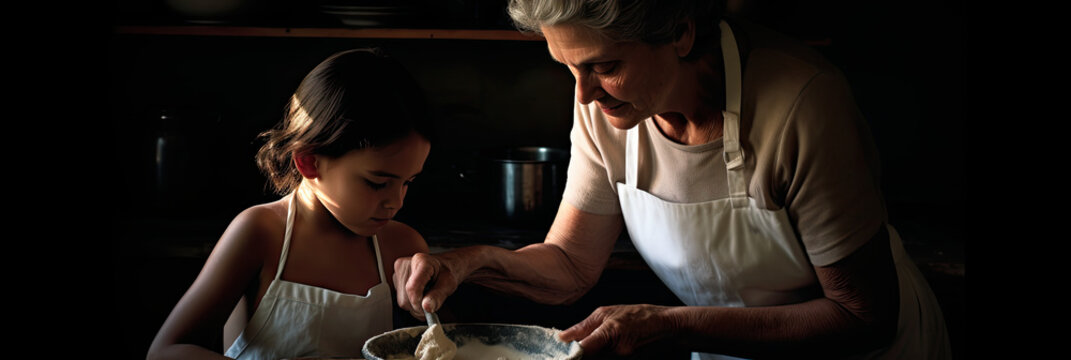 Grandmother and granddaughter baking together in a home kitchen at dusk, they are both standing at a kitchen counter, focusing intently on mixing ingredients in a bowl with natural light 