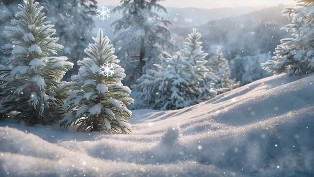 Pine trees adorned in snow, sunlight gleams, a charming 4k looping Christmas video background.