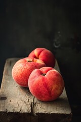 Fototapeta na wymiar Three ripe peaches arranged neatly on top of a wooden table