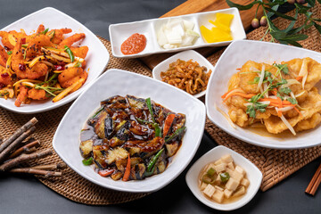 Stir-fried eggplant, Chinese food, Guobaorou, Honam, shrimp, fried food, side dish, jachai, pickled radish, onion, pepper