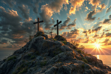 Crosses on the rock at sunset, - obrazy, fototapety, plakaty