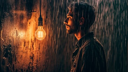 Portrait of a handsome young man in the rain with a light bulb. - obrazy, fototapety, plakaty