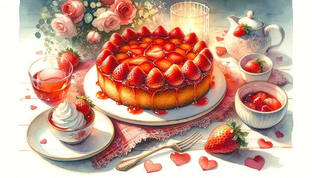 Watercolor Painting of Strawberry Upside-Down Cake