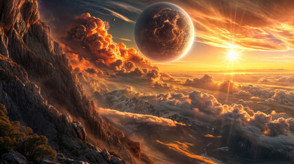 Fantasy alien planet. Mountain. illustration.