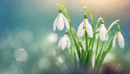 spring snowdrops in snow, nature background