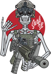 military Skeleton shows hand sign wearing military gear and holding assault rifle	