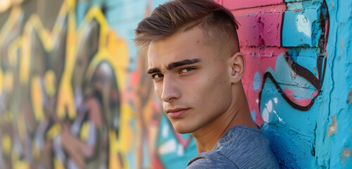 A confident young man with a stylish haircut posing against a colorful graffiti wall, his relaxed...