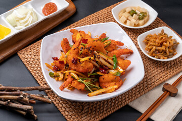 Stir-fried eggplant, Chinese food, Guobaorou, Honam, shrimp, fried food, side dish, jachai, pickled radish, onion, pepper