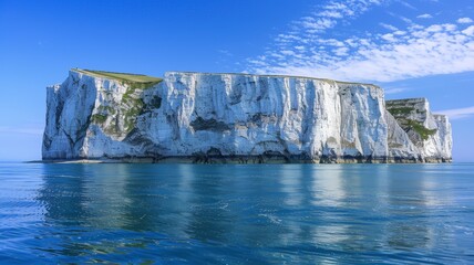 A massive white cliff rises majestically from the clear blue waters of the ocean, creating a striking contrast against the vast expanse of water