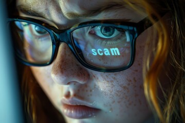 A portrait of a woman wearing glasses with the word scam printed on her face, symbolizing deception and fraud - obrazy, fototapety, plakaty