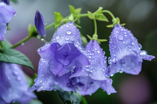 Glistening Morning Dew on Beautiful Lilac Bell Flower: Close-Up with Soft Selective Focus, generative ai