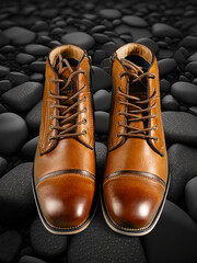 A pair of premium calfskin boots on a black background. Vertical shot.
