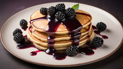 warm pancake with blackberry syrup food photography.