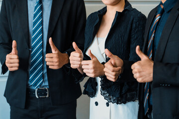 Many happy business people make thumbs up sign join hands together with joy and success. Company...