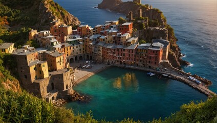 Vernazza village and stunning sunrise,Cinque Terre,Italy,Europe. Panorama of Vernazza and suspended garden,Cinque Terre National Park,Liguria,Italy,Europe - obrazy, fototapety, plakaty
