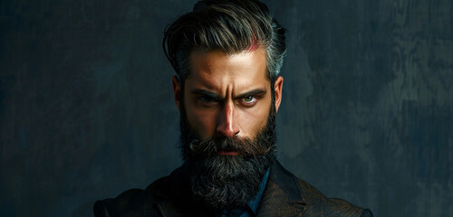 A suave bearded gentleman with a slicked-back hairstyle, exuding confidence as he stares confidently at the lens