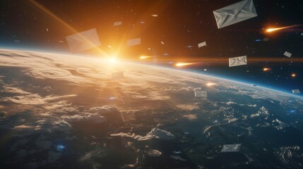 Envelopes floating in outer space above the Earth with the sun shining brightly on the horizon - obrazy, fototapety, plakaty