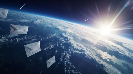 White paper envelopes fly in space orbiting the Earth