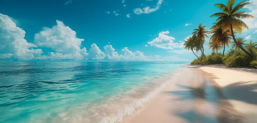 Picture of a fine white sand beach turquoise sea water with coconut trees lined up Suitable for use in advertising. Technology products and website design work Image generated by AI