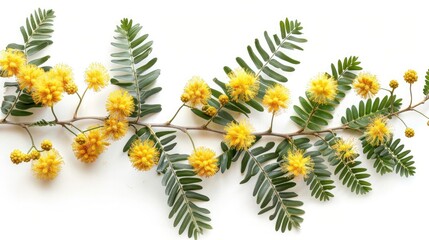 Mimosa branch, flowers and leaves, Acacia dealbata, isolated on white, top view