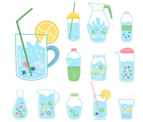 Quote drink more water print, drinking with glass bottle and glass. Doodle hand drawn cute trendy vector illustration. Various flask on white background. Mineral and natural water in clear bottles.
