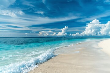 Sunny Day on Beautiful Sandy Beach: Turquoise Ocean, White Sand, and Blue Sky in Maldives, generative ai