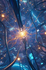 Electrical synapse, instant connection, serene ambiance, softfocus background, gentle illumination, top perspective