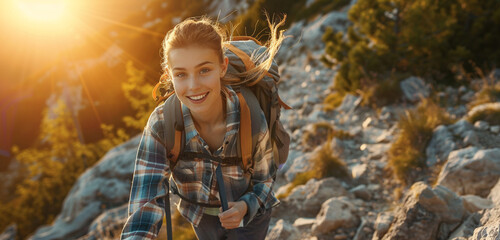 A young woman with a backpack hiking up a rocky trail, the sun setting behind her - obrazy, fototapety, plakaty