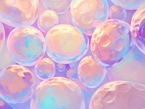 Fat cell, adipocyte cluster, pastel color palette, macro lens, soft backlighting, central composition