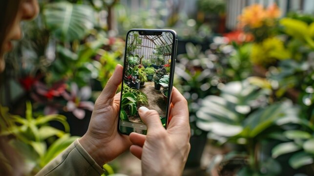 Person Photographing Plants in Greenhouse