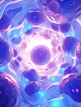 Germ cells in fertilization process, zoom in, soft purple illumination, clear detail