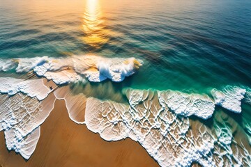 aerial drone image of the trip terrain. Waves in a summer morning seascape, blue ocean 