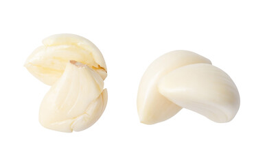 Top view set of pounded garlic cloves or slices in stack isolated on white background with clipping path