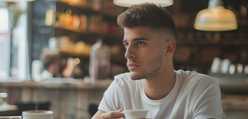 This picture shows a self-assured young man with a fashionable haircut sipping coffee in a cafe. It captures his contemplative look in great detail - obrazy, fototapety, plakaty