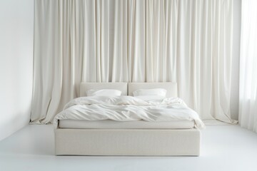 Fototapeta na wymiar Modern Minimalist Bedroom With Unmade Bed in Bright Daylight