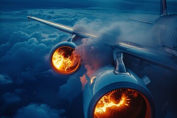 Visuals portraying airplane accidents with burning jet engines on wings
