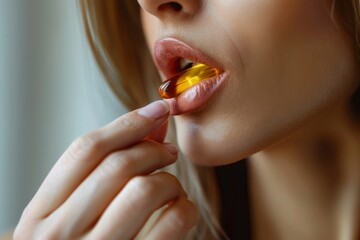Woman Consuming Fish Oil Capsule for Health and Wellness Benefits - obrazy, fototapety, plakaty