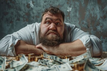 Disheveled Man With Beard Guarding Scattered Money on Table in Dimly Lit Room - obrazy, fototapety, plakaty